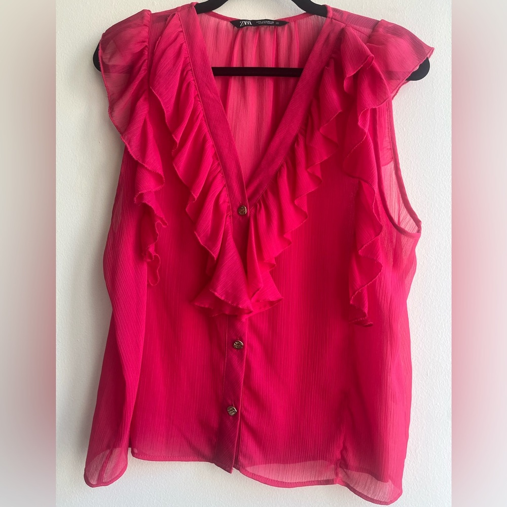 Zara Vibrant Barbie Pink Ruffle Blouse